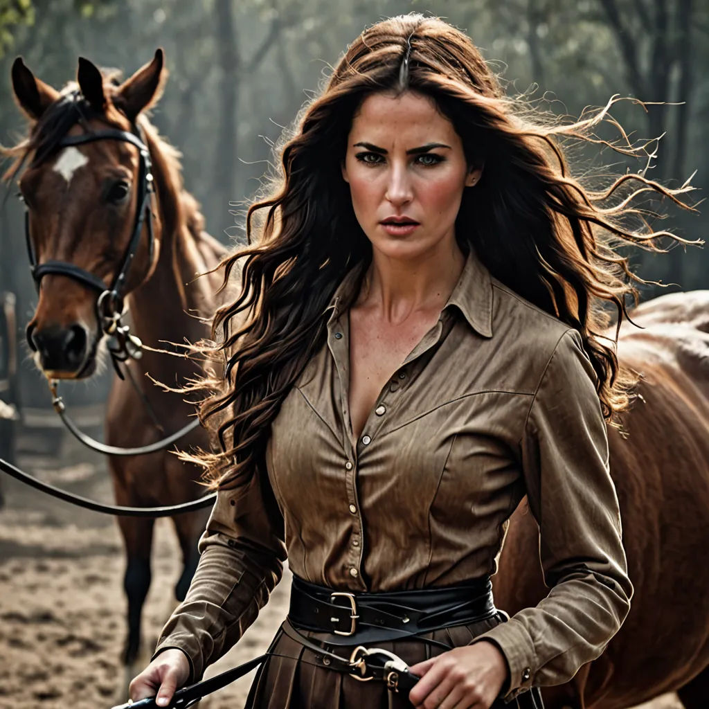 a woman in a brown dress is leading a horse in a field with other horses in the background and trees in the background, art photography, a character portrait, Annie Leibovitz, promotional image