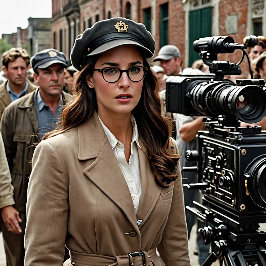 a woman in a hat and glasses is standing in front of a camera and a group of people are behind her, private press, a colorized photo, Annie Leibovitz, promotional image