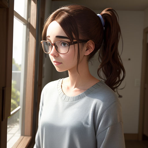 a woman with glasses looking out a window at the camera while wearing a sweater and a ponytail with a ponytail