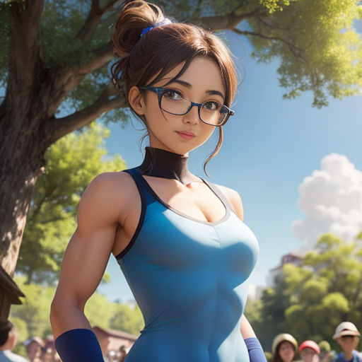 a woman in a blue dress and glasses standing in front of a tree with people in the background wearing glasses