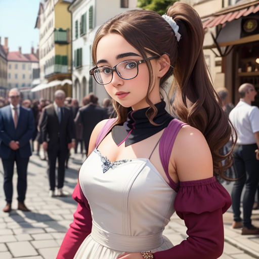 a woman in a dress and glasses standing on a street corner with people walking by in the background and a man in a suit and tie