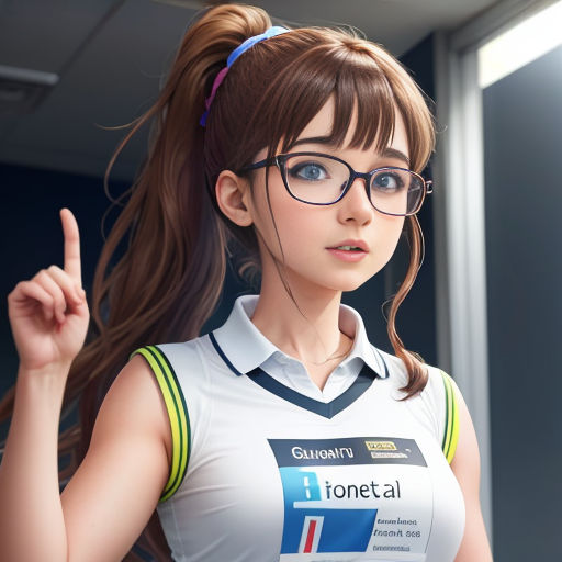 a woman with glasses and a ponytail pointing at something with her finger up in a cartoon style photo with a window behind her