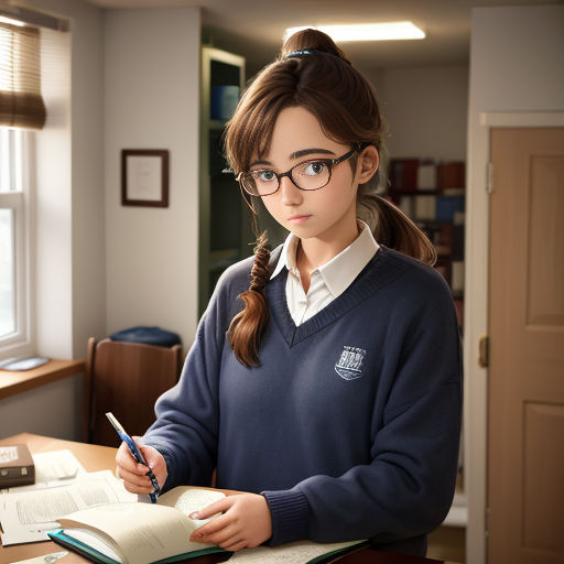 a girl in a blue sweater is writing in a book and wearing glasses and a ponytail with a ponytail
