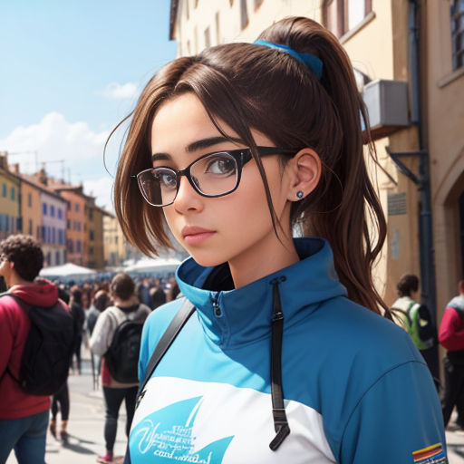a woman with glasses standing in front of a crowd of people in a city square with buildings and people walking around