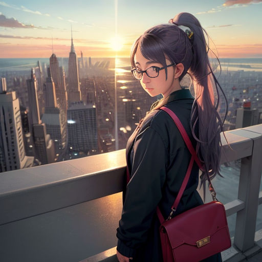 a woman with a ponytail standing on a balcony overlooking a city skyline at sunset with a red purse on her shoulder