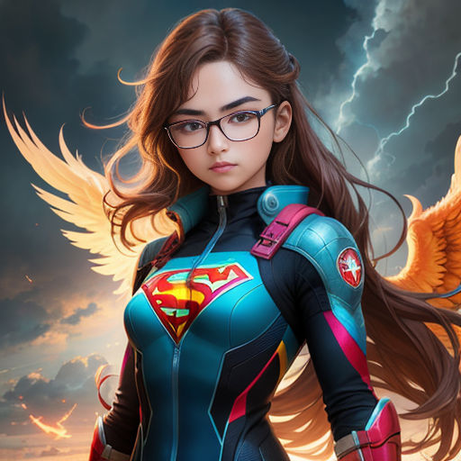 a woman in a blue suit with a red cape and glasses on her chest and wings on her chest