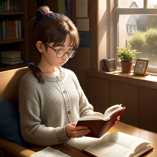 a little girl sitting at a table reading a book and looking at the pages of a book in front of her