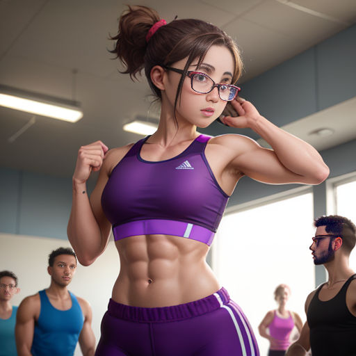 a woman in a purple sports bra top and purple shorts is standing in a gym with other people in the background
