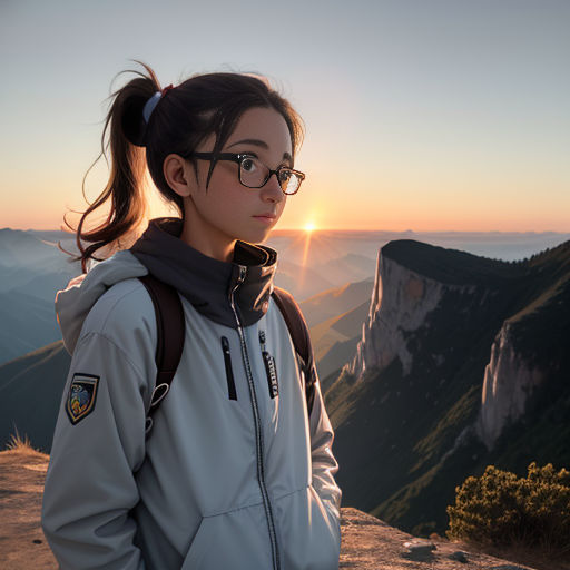 a woman with glasses standing on a mountain top at sunset with a view of the mountains behind her and the sun behind her