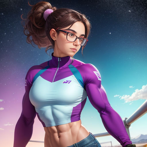 a woman in a purple and blue top and glasses holding a baseball bat in her hand and looking at the sky
