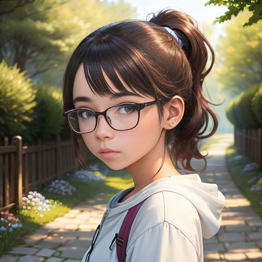 a girl with glasses and a ponytail standing on a sidewalk in front of a fence and flowers and trees