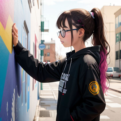 a girl with pink hair and glasses is leaning against a wall and painting a mural on it's side