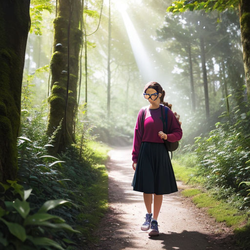 a woman walking down a path in the woods with a backpack on her back and a backpack on her shoulder