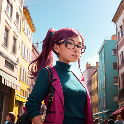 a woman with pink hair and glasses standing in a street with buildings in the background and people walking around