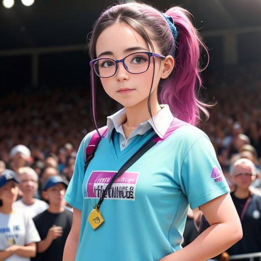 a girl with pink hair and glasses stands in front of a crowd of people wearing blue shirts and black glasses
