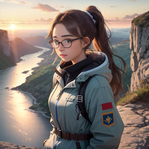 a woman in glasses standing on a cliff overlooking a river and mountains at sunset with a sunset in the background