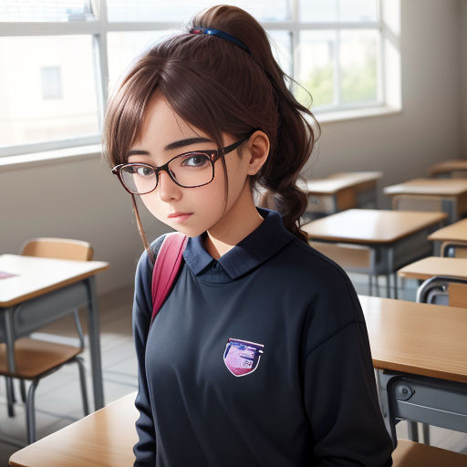 a girl with glasses standing in a classroom with desks and chairs in front of her, looking at the camera
