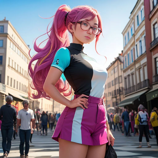 a woman with pink hair and glasses standing in a street with people walking around her and a building in the background