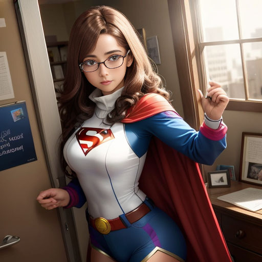 a woman dressed as a supergirl posing for a picture in a room with a window and a desk