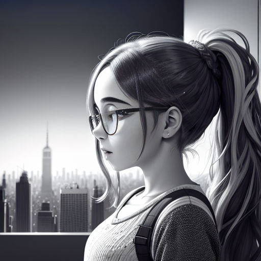 a woman with glasses looking out a window at a city skyline in the background, with a ponytail in the foreground