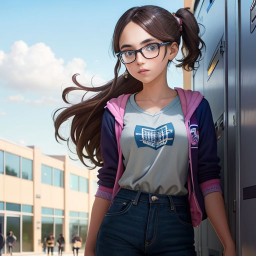 a girl with glasses and a backpack is standing in front of a locker door with a building in the background