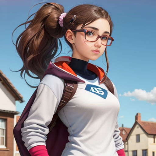 a woman with glasses and a backpack on a street with houses in the background and a blue sky in the background