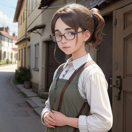 a woman with glasses standing in front of a house with a brown door and a brown door frame and a brown door