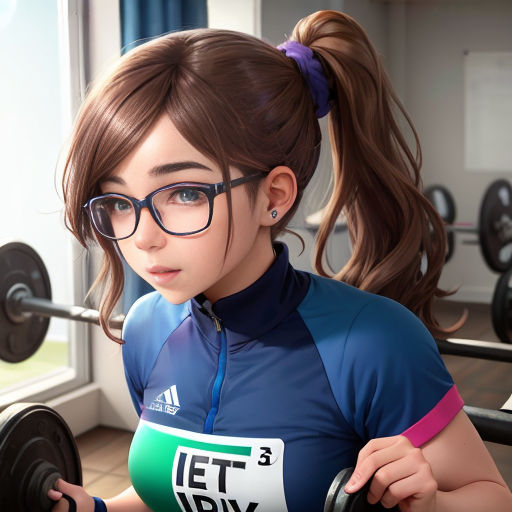 a girl with glasses and a ponytail holding a barbell in a gym room with a window behind her