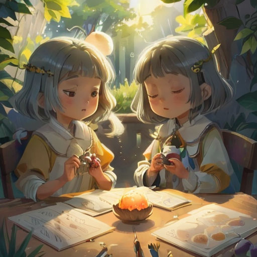 two little girls sitting at a table with a book and a candle in front of them, looking at a book