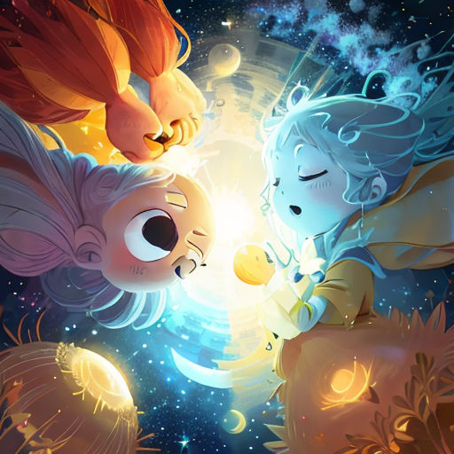 two cartoon characters are looking at each other in the sky with stars and planets in the background, and a bright light shining through the space