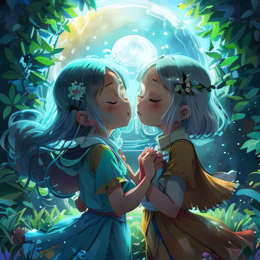 two girls are kissing in the moonlight under a full moon sky with leaves and flowers on their heads and a full moon behind them
