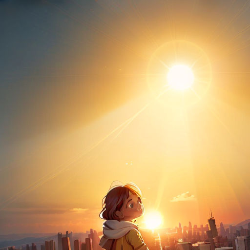 a person standing on a hill with a city in the background and the sun shining brightly over them,