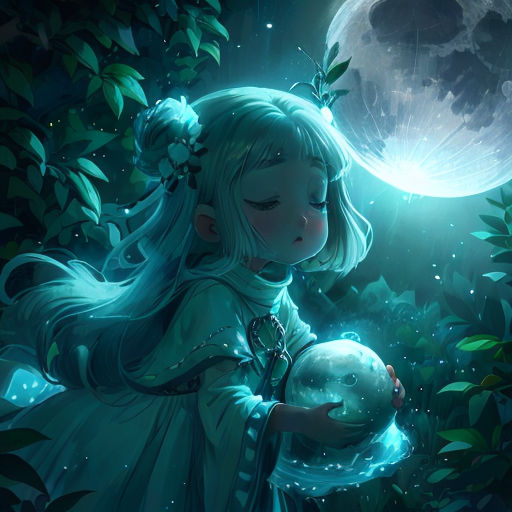 a girl holding a ball in her hands in front of a full moon and a tree with leaves on it