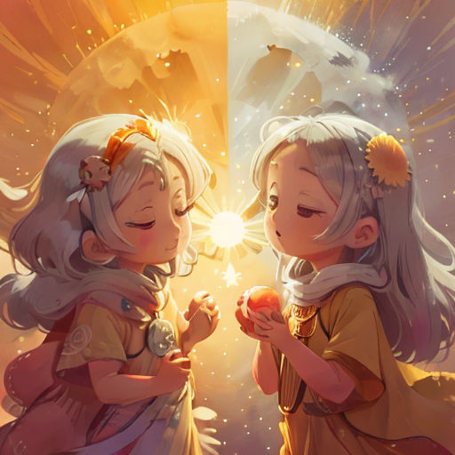 two girls are standing in front of a moon and holding apples in their hands, with the sun shining behind them