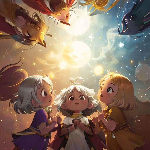 three little girls standing in front of a sky full of stars and birds, with a sky full of stars behind them