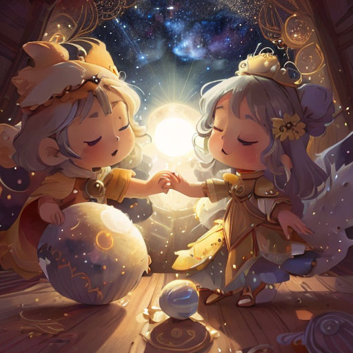 two little girls are playing with a light ball in a room with stars and a sky background, and the girl is holding the light ball