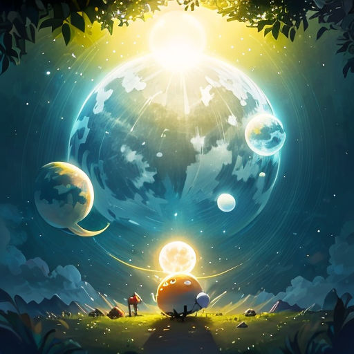 a painting of a person standing in front of a giant moon and planets in the sky with a bright light shining on them