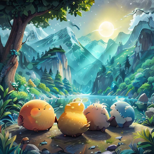 a group of animals sitting on top of a forest next to a river and a mountain range with a sun
