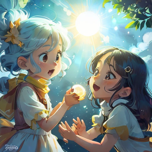 two girls are standing together and one is holding a ball in her hand and the other is looking at the sun