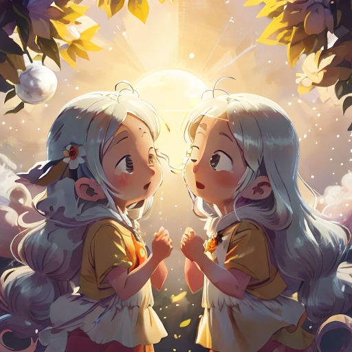 two anime girls standing in front of a tree with leaves on it and a sun shining behind them, with a sky background