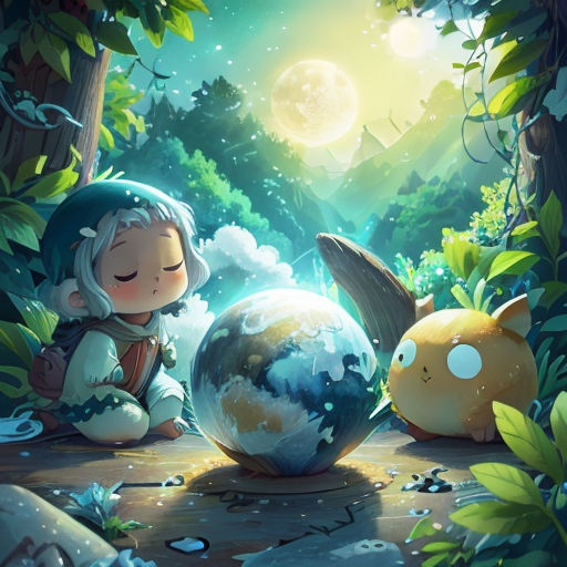 a little girl sitting on the ground next to a small globe in the woods with a moon in the background