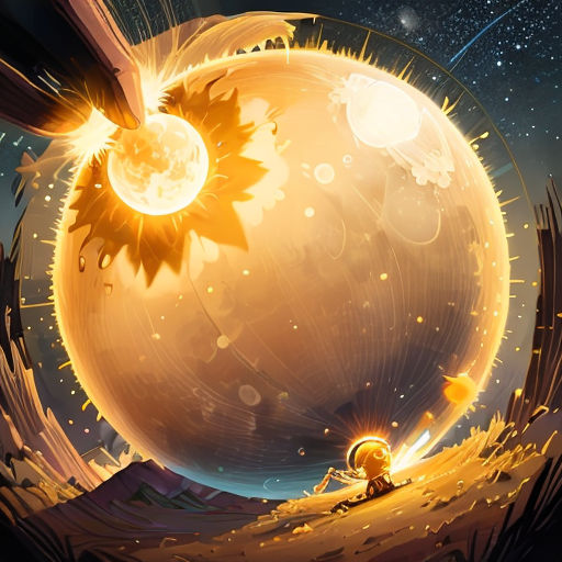 a cartoon of a person sitting on a hill with a giant sun above them and a small person standing on the ground