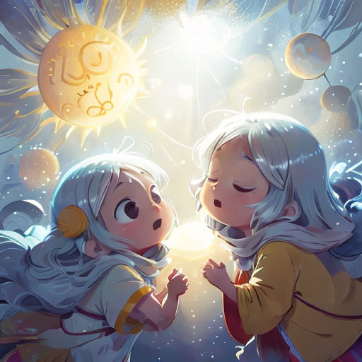 two anime girls are standing in front of a sun and stars background with a light shining on them and a clock above them