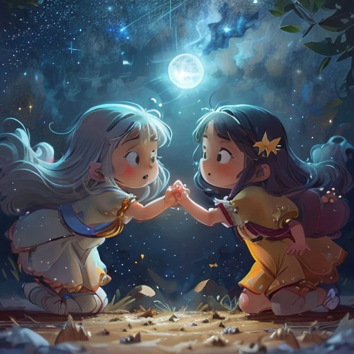 two little girls are touching hands in the night sky with stars and a moon above them, and a star is shining above them