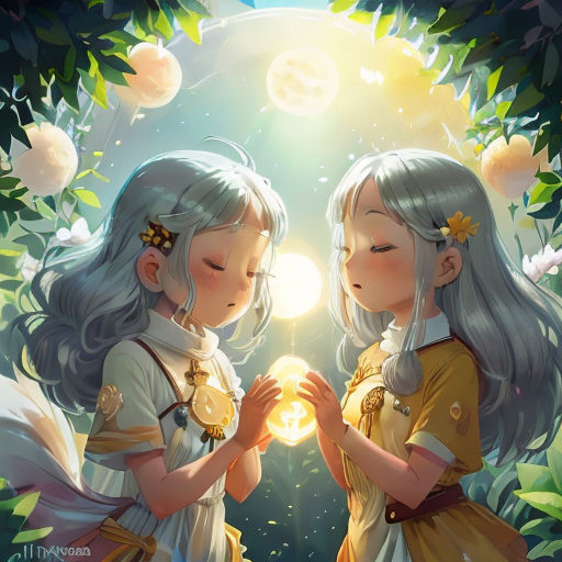 two girls are holding hands in front of a light in the forest with flowers and leaves around them, and one girl is holding a glowing ball