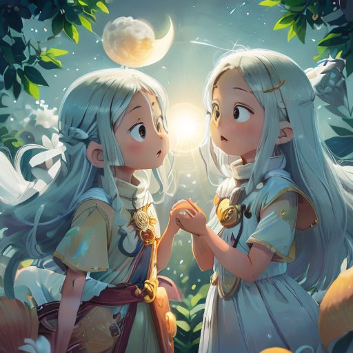 two anime girls standing in the woods with their hands together and looking at each other's eyes with a bright light shining on them