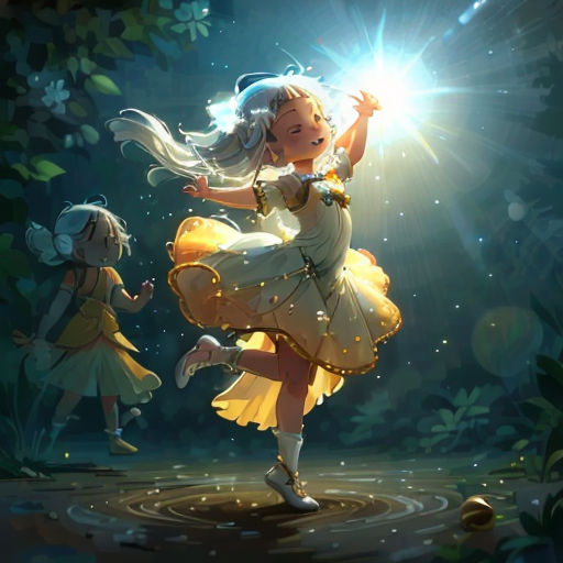 a girl in a yellow dress is dancing in the dark with a light shining on her head and hands