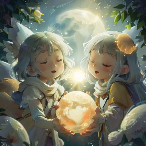 two girls holding a crystal ball in their hands with a moon in the background and leaves on the ground