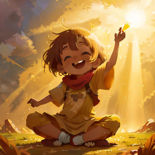 a little girl sitting on the ground with a light shining behind her and a sky background with clouds and sun beams