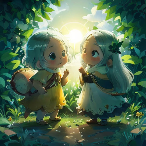 two little girls standing in the woods with their hands together and looking at each other with a bright light shining behind them